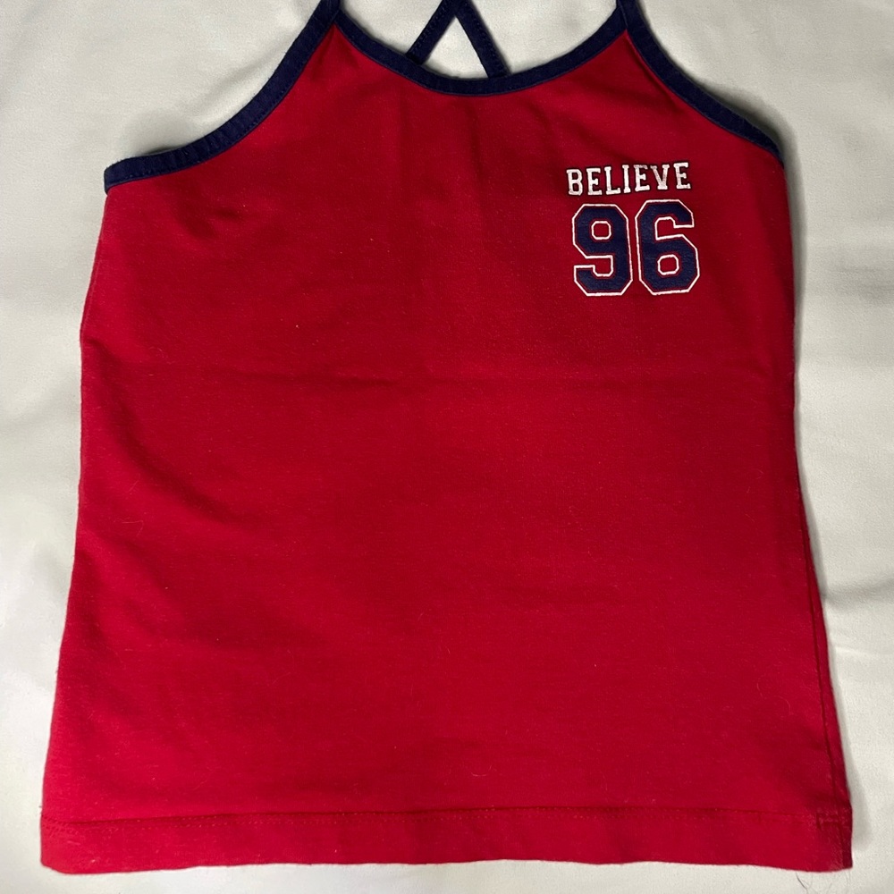 Urban Planet: Believe 96 Red and Blue Crossed Strap Tank Top